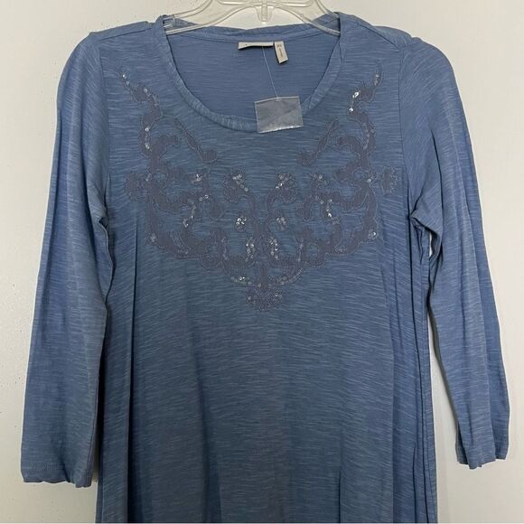 LOGO Lori Goldstein Tunic Tiered Layered Applique Sequin 3/4 Sleeve Blue XS NWOT - Picture 4 of 8
